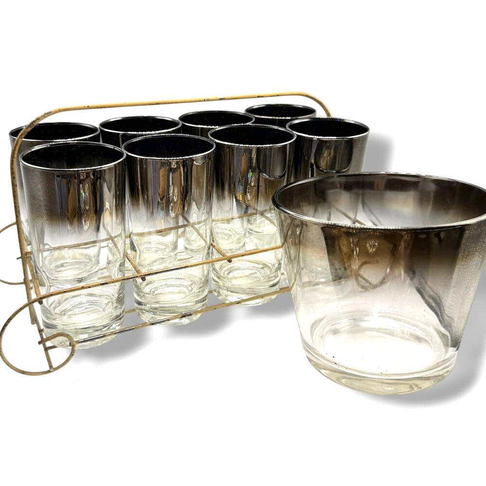 Stunning Vintage DOROTHY THORPE COCKTAIL Set of 8 glasses with caddy MOD MCM